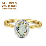 Oval Natural Green Amethyst Halo Natural Diamond Solitaire Ring 14K Yellow Gold