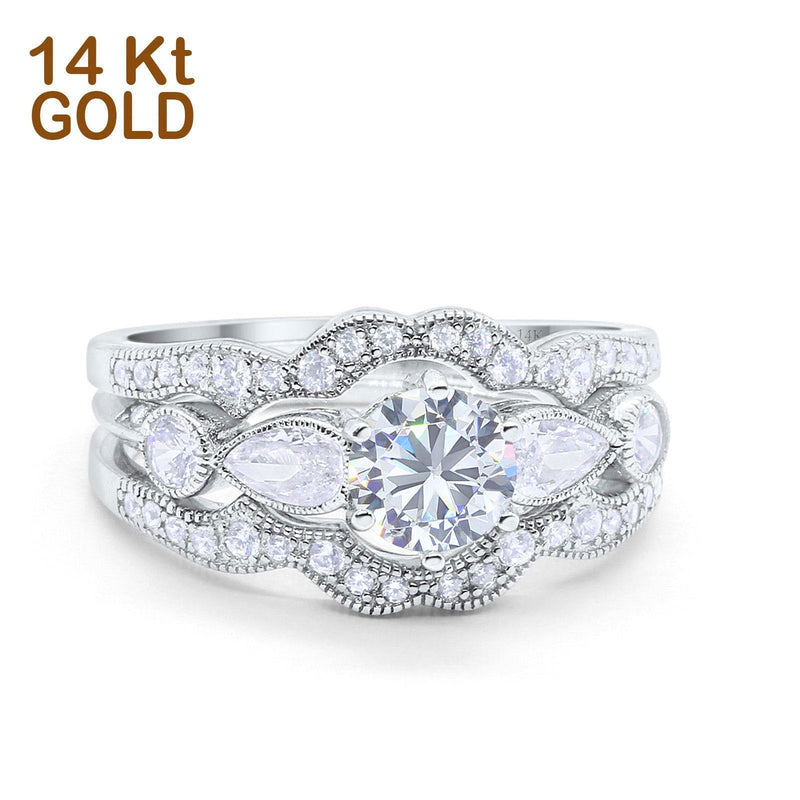 14K White Gold Three Piece Bridal Set Round Shape CZ Band Wedding Ring