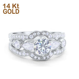 14K White Gold Three Piece Bridal Set Round Shape CZ Band Wedding Ring
