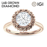 10K Gold IGI Certified Round 3 Carat Lab Grown Diamond Floral Solitaire Ring