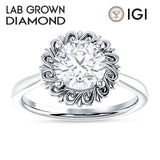 10K Gold IGI Certified Round 2 Carat Lab Grown Diamond Floral Solitaire Ring