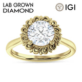 10K Gold IGI Certified Round 1 Carat Lab Grown Diamond Floral Solitaire Ring