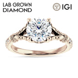 14K Gold IGI Certified Round 2 Carat Lab Grown Diamond Art Deco Split Shank Floral Ring
