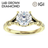 14K Gold IGI Certified Round 3 Carat Lab Grown Diamond Art Deco Split Shank Floral Ring