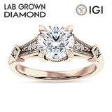 18K Gold IGI Certified Round 3 Carat Lab Grown Diamond Art Deco Beaded Ring