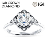 14K Gold IGI Certified Round 1 Carat Lab Grown Diamond Art Deco Floral Beaded Ring