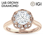 18K Gold IGI Certified Round 2 Carat Lab Grown Diamond Art Deco Floral Ring