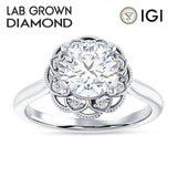 IGI Certified Round 1 Carat Lab Grown Diamond Art Deco Floral Ring