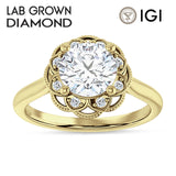18K Gold IGI Certified Round 1 Carat Lab Grown Diamond Art Deco Floral Ring