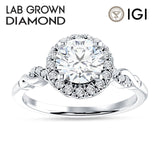 14K Gold IGI Certified Round 3 Carat Lab Grown Diamond Art Deco Twisted Halo Ring