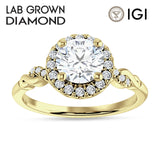 14K Gold IGI Certified Round 1 Carat Lab Grown Diamond Art Deco Twisted Halo Ring