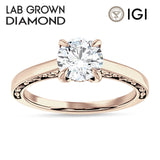 14K Gold IGI Certified Round 1 Carat Lab Grown Diamond Flower Leaf Solitaire Ring