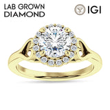 18K Gold IGI Certified Round 1 Carat Lab Grown Diamond Art Deco Heart Halo Ring