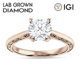 14K Gold IGI Certified Round 1 Carat Lab Grown Diamond Art Deco Filigree Solitaire Ring