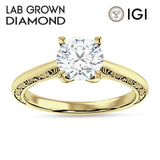 10K Gold IGI Certified Round 3 Carat Lab Grown Diamond Art Deco Filigree Solitaire Ring