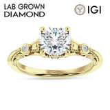 10K Gold IGI Certified Round 1 Carat Lab Grown Diamond Art Deco Split Shank Beaded Ring