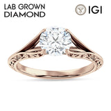 18K Gold IGI Certified Round 2 Carat Lab Grown Diamond Art Deco Split Shank Solitaire Ring