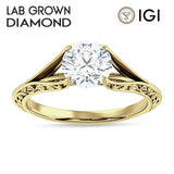 IGI Certified Round 3 Carat Lab Grown Diamond Art Deco Split Shank Solitaire Ring