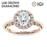 18K Gold IGI Certified Round 2 Carat Lab Grown Diamond Art Deco Halo Filigree Ring