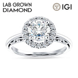 10K Gold IGI Certified Round 2 Carat Lab Grown Diamond Art Deco Halo Filigree Ring