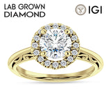 10K Gold IGI Certified Round 2 Carat Lab Grown Diamond Art Deco Halo Filigree Ring