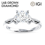 IGI Certified Round 1 Carat Lab Grown Diamond Art Deco Beaded Filigree Solitaire Ring