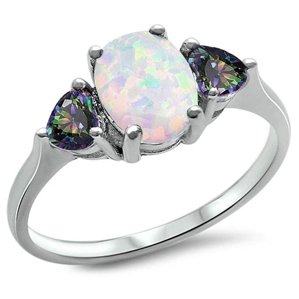 Fashion Promise Ring 3-Stone Oval Lab Created Opal Heart Simulated Pur ...