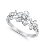 Two Turtle Plumeria Flower Ring Simulated CZ Round 925 Sterling Silver