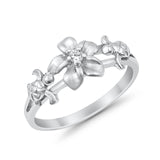 Two Turtle Plumeria Flower Ring Simulated CZ Round 925 Sterling Silver