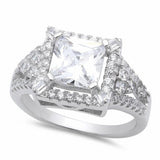 Halo Engagement Ring Princess Cut Round Cubic Zirconia 925 Sterling Silver Choose Color