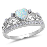 Half Eternity Heart Crown Ring White Opal Round Cubic Zirconia Solid 925 Sterling Silver