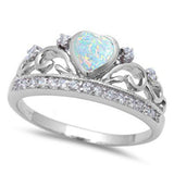 Half Eternity Heart Crown Ring White Opal Round Cubic Zirconia Solid 925 Sterling Silver