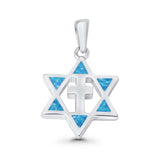 Cross Star of David Pendant Lab Created Opal 925 Sterling Silver