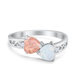 Heart Filigree Ring Round Cubic Zirconia 925 Sterling Silver Created White Opal