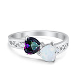 Heart Filigree Ring Round Cubic Zirconia 925 Sterling Silver Created White Opal