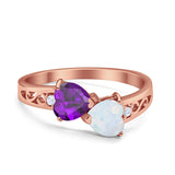 Heart Filigree Ring Round Cubic Zirconia 925 Sterling Silver Created White Opal