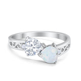 Heart Filigree Ring Round Cubic Zirconia 925 Sterling Silver Created White Opal