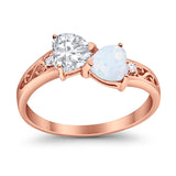 Heart Filigree Ring Round Cubic Zirconia 925 Sterling Silver Created White Opal