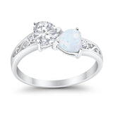 Heart Filigree Ring Round Cubic Zirconia 925 Sterling Silver Created White Opal