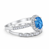 Halo 2-Piece Art Deco Wedding Bridal Set Ring Band Oval Simulated Cubic Zirconia 925 Sterling Silver