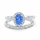 Halo 2-Piece Art Deco Wedding Bridal Set Ring Band Oval Simulated Cubic Zirconia 925 Sterling Silver