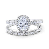Halo 2-Piece Art Deco Wedding Bridal Set Ring Band Oval Simulated Cubic Zirconia 925 Sterling Silver