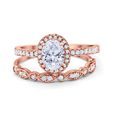 Halo 2-Piece Art Deco Wedding Bridal Set Ring Band Oval Simulated Cubic Zirconia 925 Sterling Silver