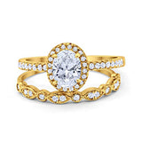 Halo 2-Piece Art Deco Wedding Bridal Set Ring Band Oval Simulated Cubic Zirconia 925 Sterling Silver