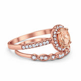 Halo 2-Piece Art Deco Wedding Bridal Set Ring Band Oval Simulated Cubic Zirconia 925 Sterling Silver