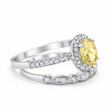 Halo 2-Piece Art Deco Wedding Bridal Set Ring Band Oval Simulated Cubic Zirconia 925 Sterling Silver