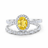 Halo 2-Piece Art Deco Wedding Bridal Set Ring Band Oval Simulated Cubic Zirconia 925 Sterling Silver