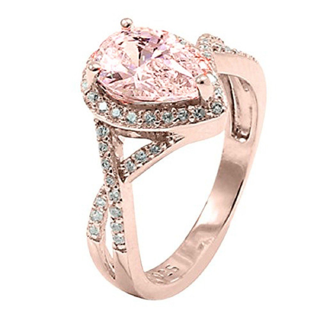 Pear Simulated Morganite Cubic Zirconia Infinity Halo Teardrop Round Engagement Ring Rose Gold Plated 925 Sterling Silver