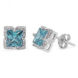 Halo Stud Earrings Princess Cut Simulated CZ 925 Sterling Silver