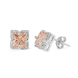 Halo Stud Earrings Princess Cut Simulated CZ 925 Sterling Silver